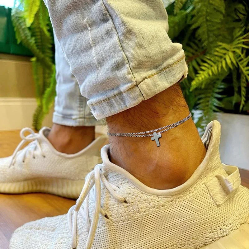 Men Cross Anklet Double Chain | Luca