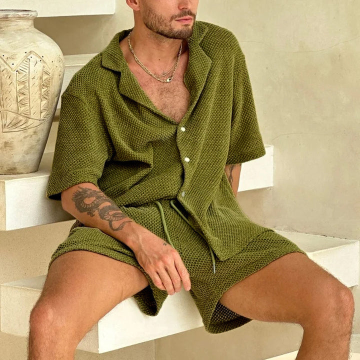 Men's Cotton Textured Green Shirt and Shorts Set | Enzo
