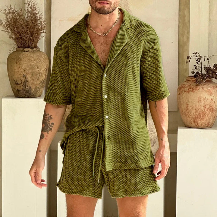 Men's Cotton Textured Green Shirt and Shorts Set | Enzo