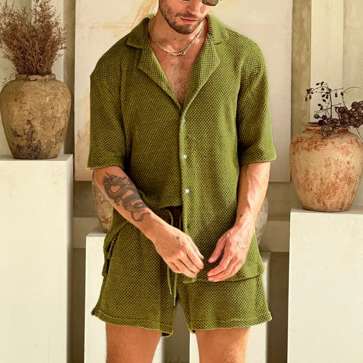 Men's Cotton Textured Green Shirt and Shorts Set | Enzo