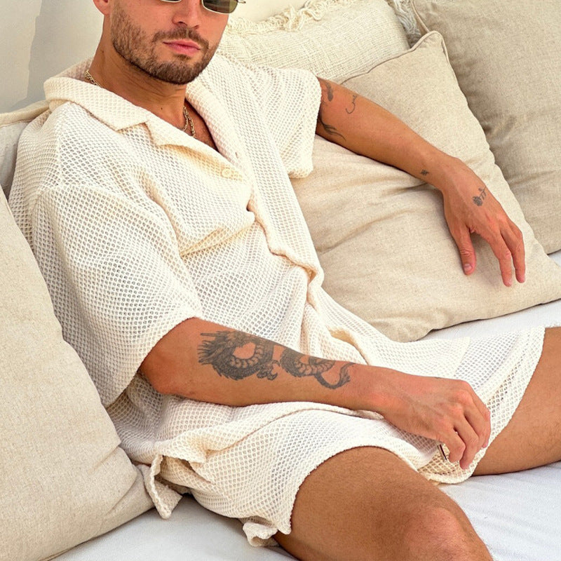Men's Cotton Textured Green Shirt and Shorts Set | Enzo