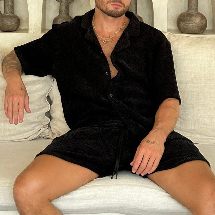 Men's Cotton Textured Green Shirt and Shorts Set | Enzo