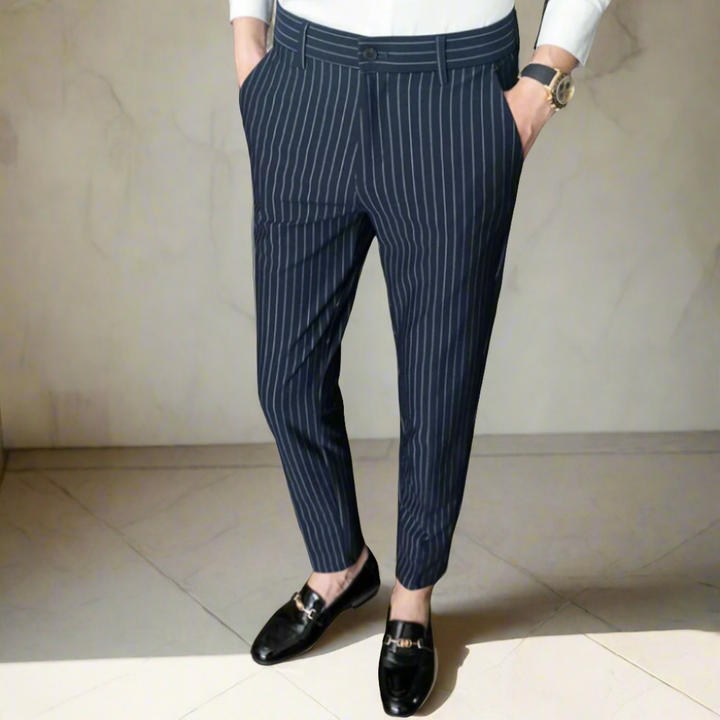 Men Vertical Stripe Slim Fit Trousers | Dencio