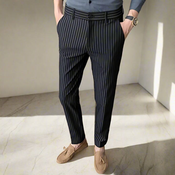 Men Vertical Stripe Slim Fit Trousers | Dencio
