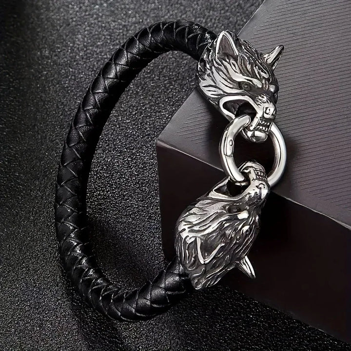 Men Leather Wolf Head Bracelet | Thorne