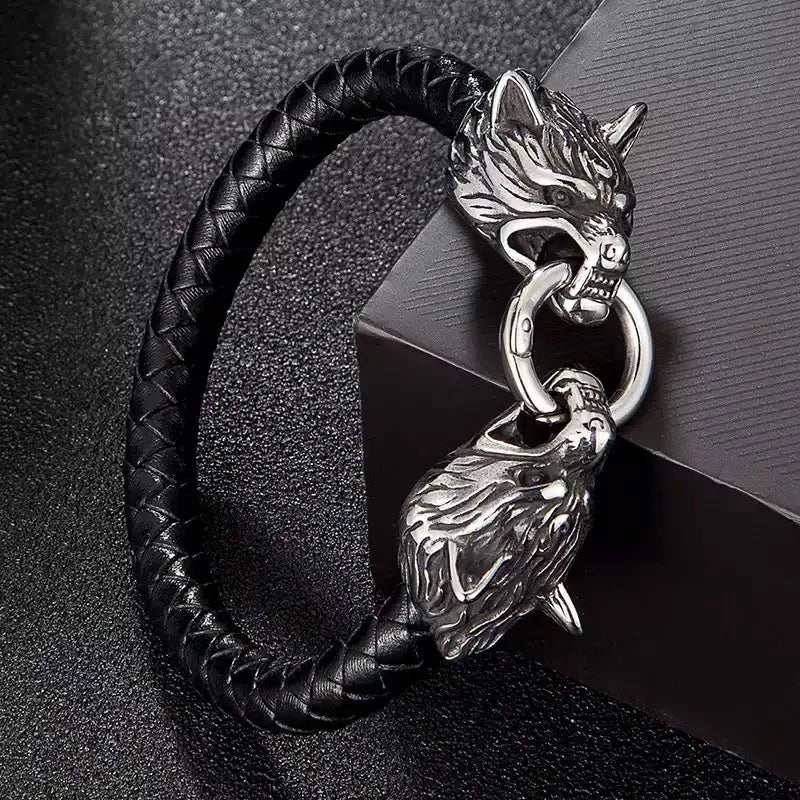 Men Leather Wolf Head Bracelet | Thorne