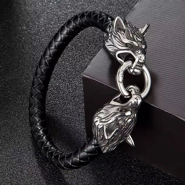 Men Leather Wolf Head Bracelet | Thorne