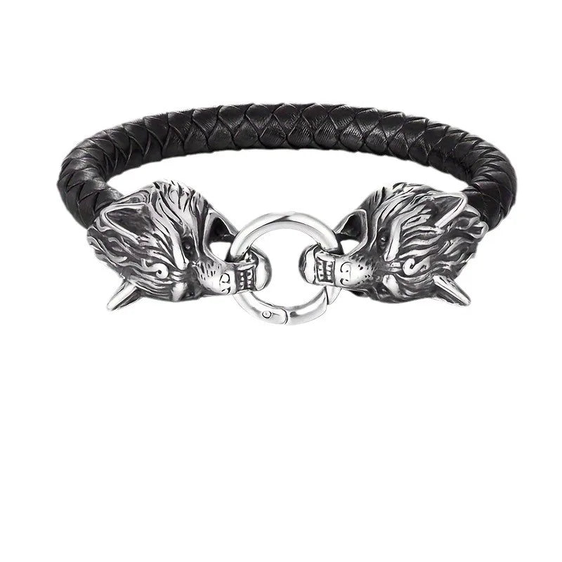 Men Leather Wolf Head Bracelet | Thorne