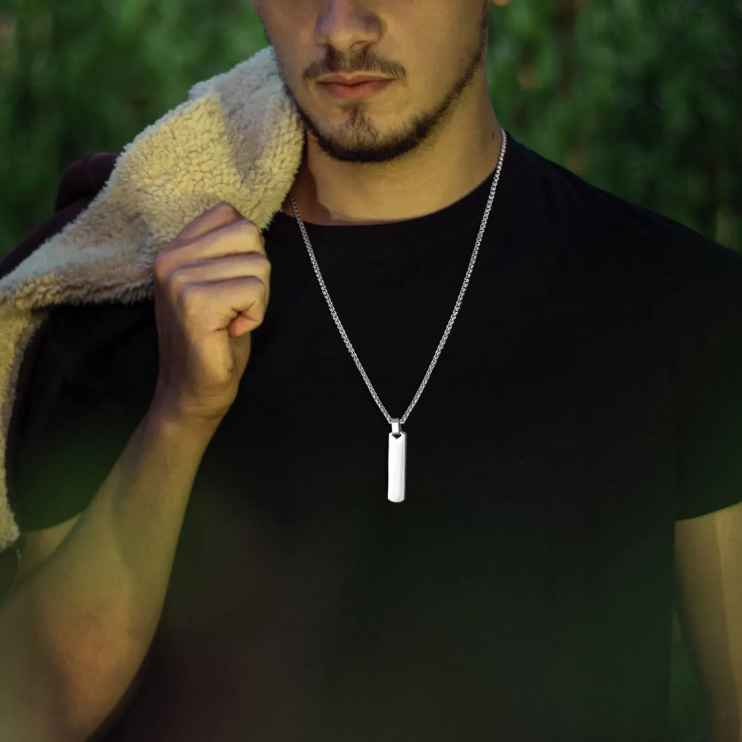 Men's Necklace Silver Stainless Steel | Classic Initial Bar Pendant