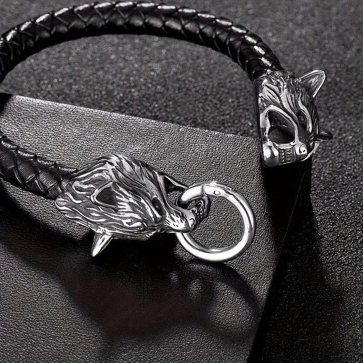 Men Leather Wolf Head Bracelet | Thorne