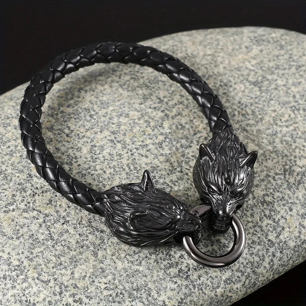 Men Leather Wolf Head Bracelet | Thorne