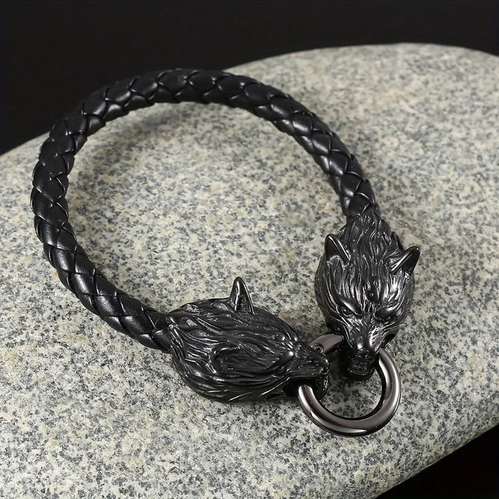 Men Leather Wolf Head Bracelet | Thorne