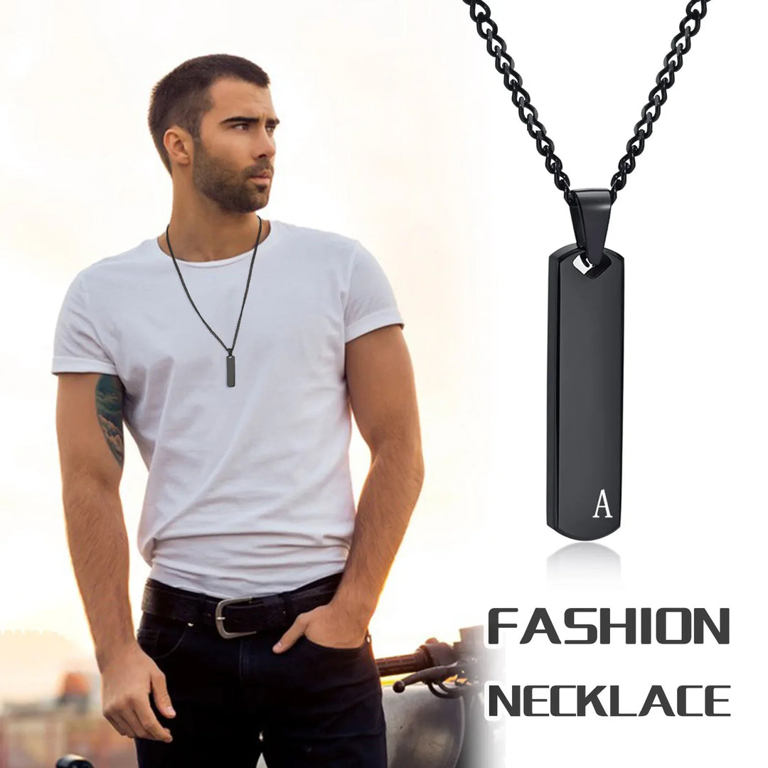 Men's Necklace Silver Stainless Steel | Classic Initial Bar Pendant