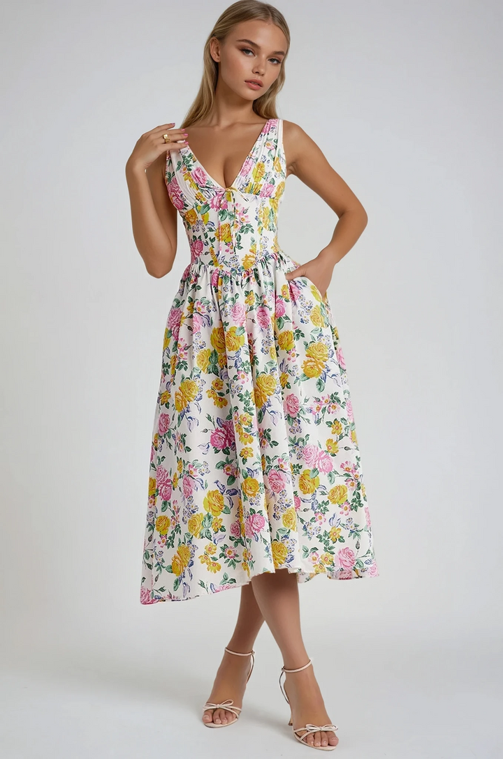 Amelia - Elegant Floral Printed High Waist Midi Dress